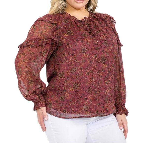 Plus Size, Sugarlips Red Ruffled Long Sleeve Blouse, Size 2X - Picture 1 of 8